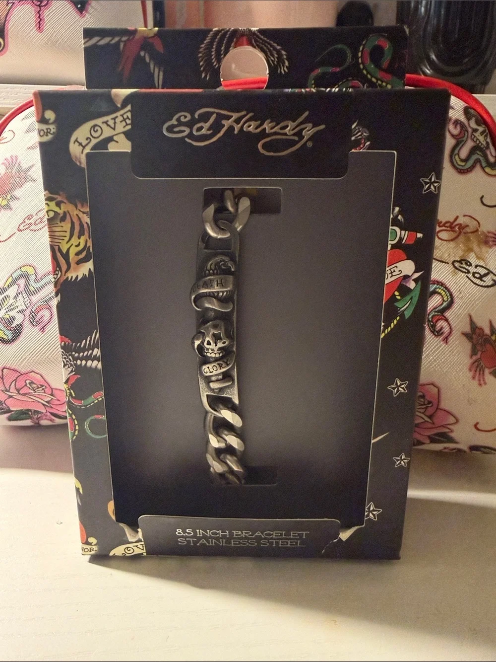 Ed Hardy Black Stainless Steel Skull & Ribbon Link Bracelet